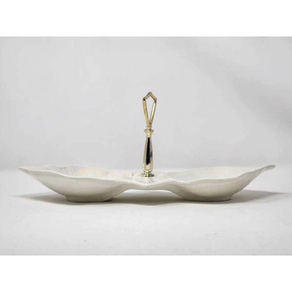 Vintage Mid Century California Style Pottery Iridescent White Ceramic Leaf Dish